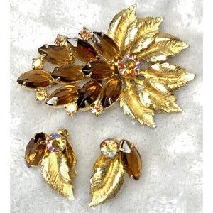 Vintage Brooch Earrings Set Aurora Borealis Brown Rhinestone Gold Tone Leaf